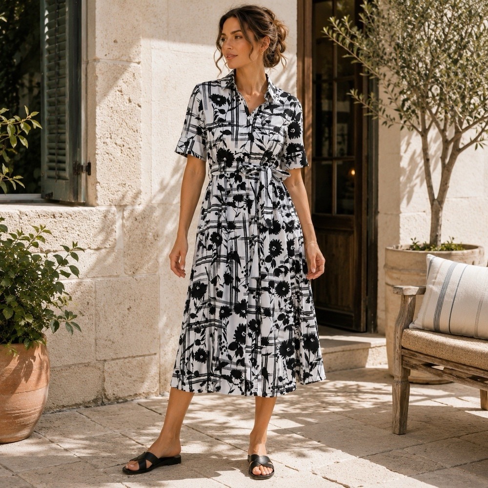 DKNY Women New Shirt Midi Dress 6 Belted Cotton Black White Floral 100% Cotton‎
